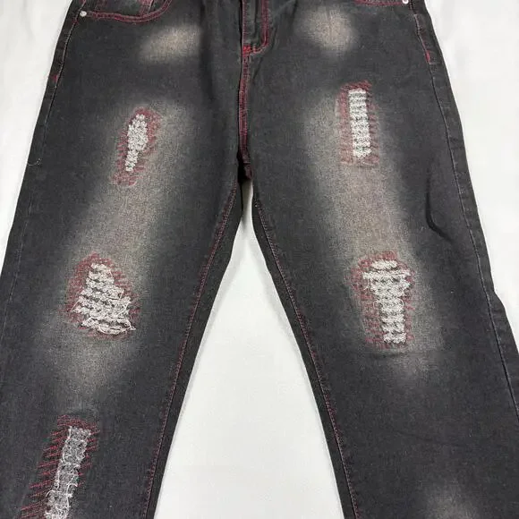 Mens Black Distressed Jeans Size 38 Slim Fit Red Stitch Grunge Streetwear NWT Y